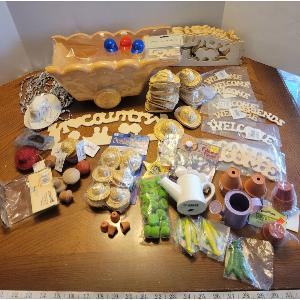 Wooden Supplies Arts Craft Miniature Garden Cart,Signs,‎ Straw Hats, mini Pots